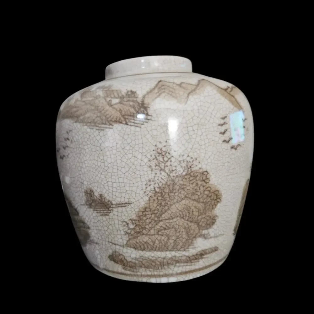 Creative Co-Op Crackle Glaze Ginger Jar Vase Asian Landscape Stoneware Decor